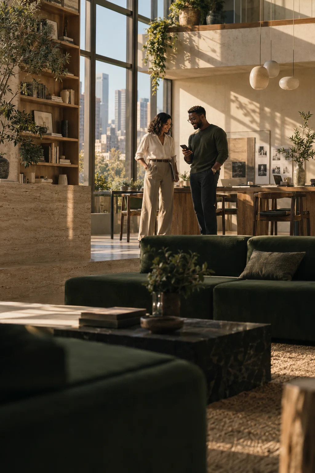 Two professionals sharing a moment over a phone in a sunlit design studio