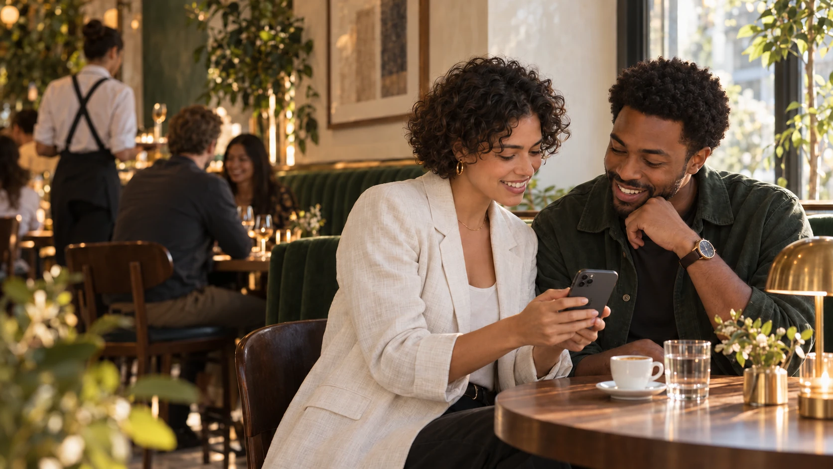 Two professionals sharing a phone during a relaxed restaurant introduction