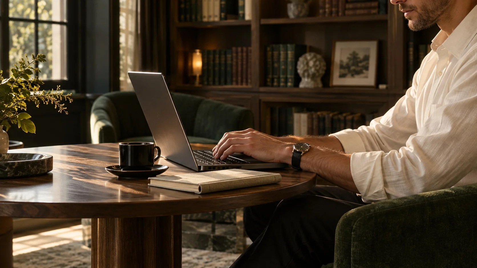 Writing an email in a quiet library work lounge