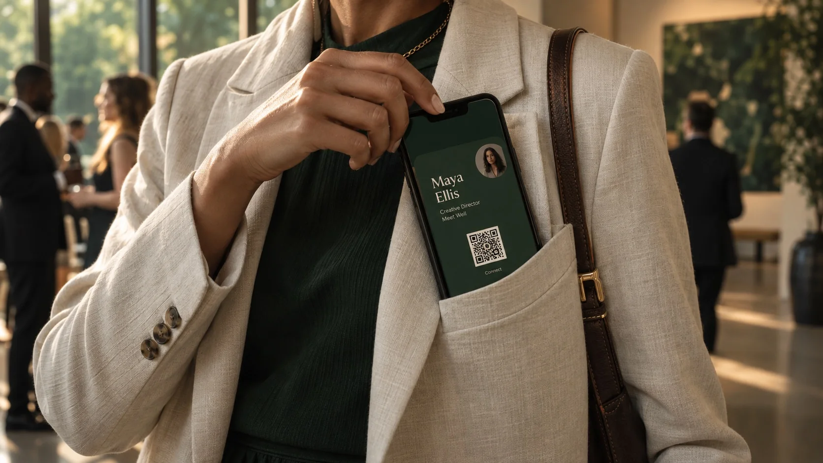 A business card ready in a phone tucked into a blazer pocket