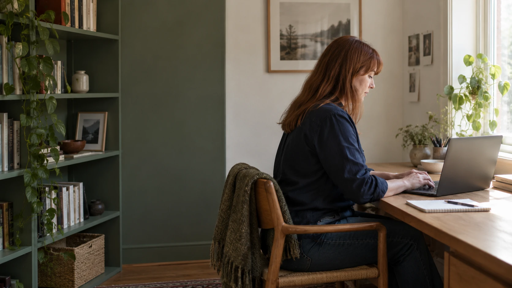 An editor writing a follow-up in her home office
