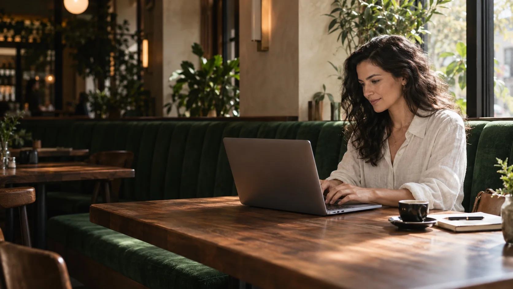 A business owner writing a follow-up email at a café table