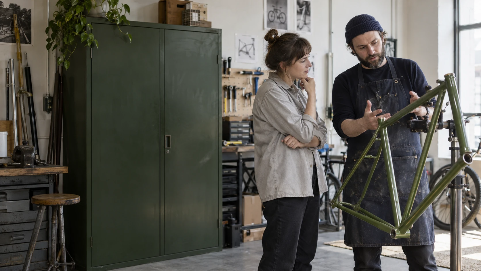 A bicycle frame maker and designer discussing a custom frame