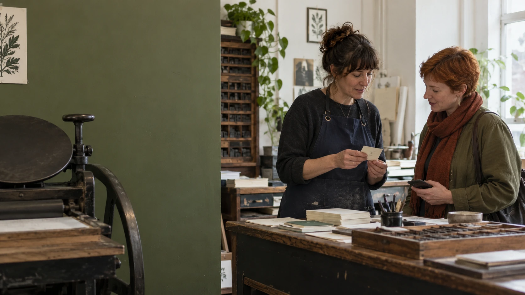 A printmaker and visitor exchanging a card at a letterpress studio