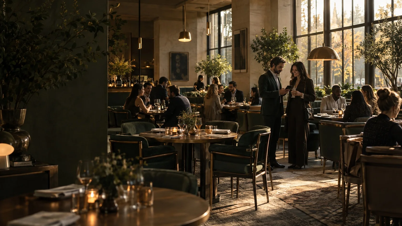 Conversations around the tables of a warmly lit restaurant