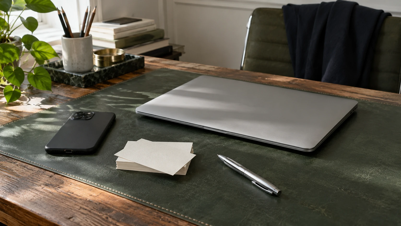 Business stationery and a phone ready on a desk