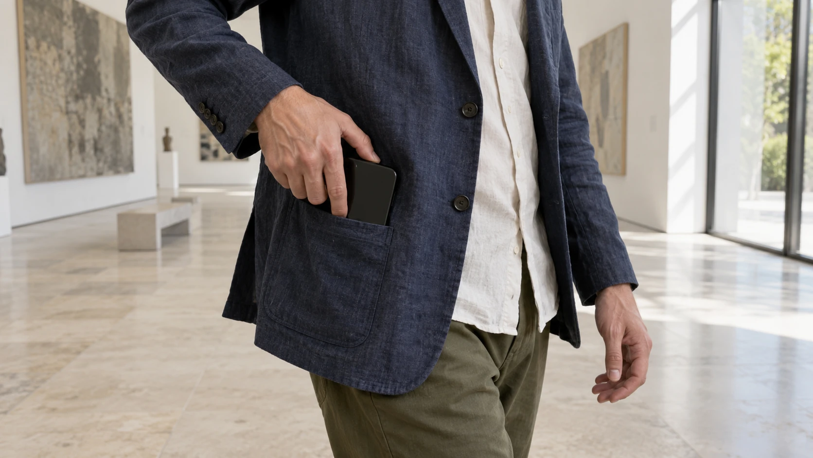 A phone tucked into a linen jacket pocket