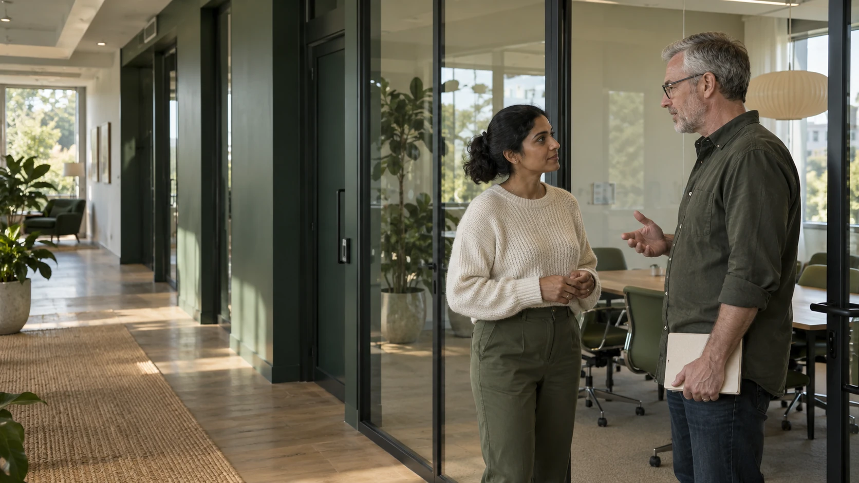 Two project managers finishing a conversation outside a meeting room