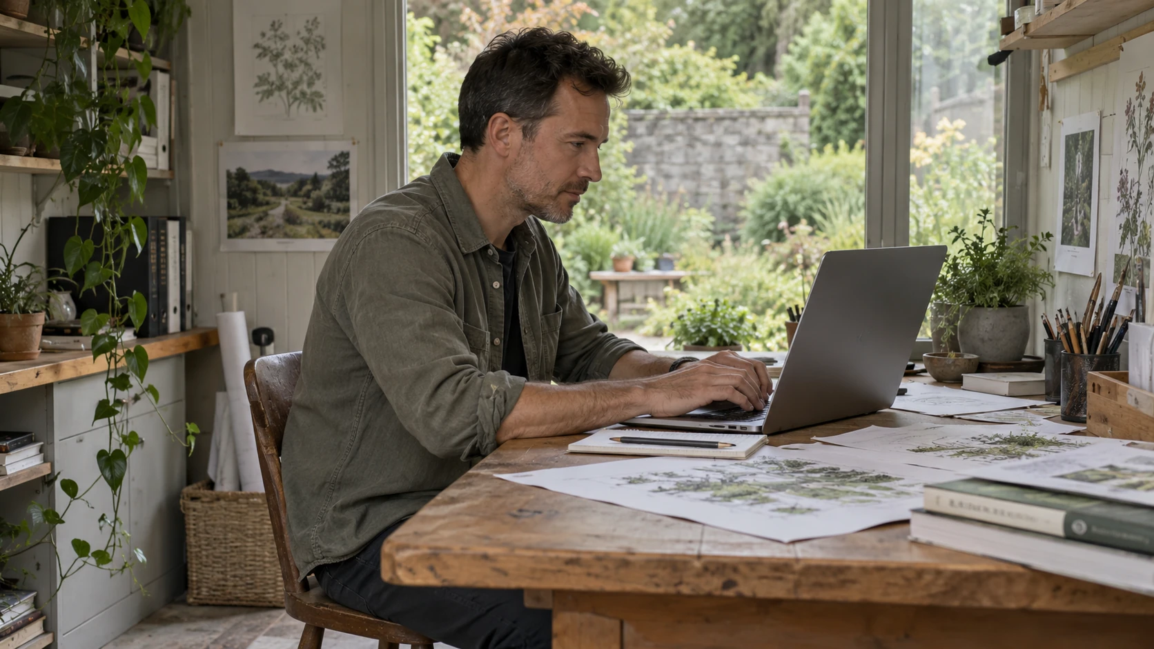 A landscape consultant writing a follow-up in his garden studio