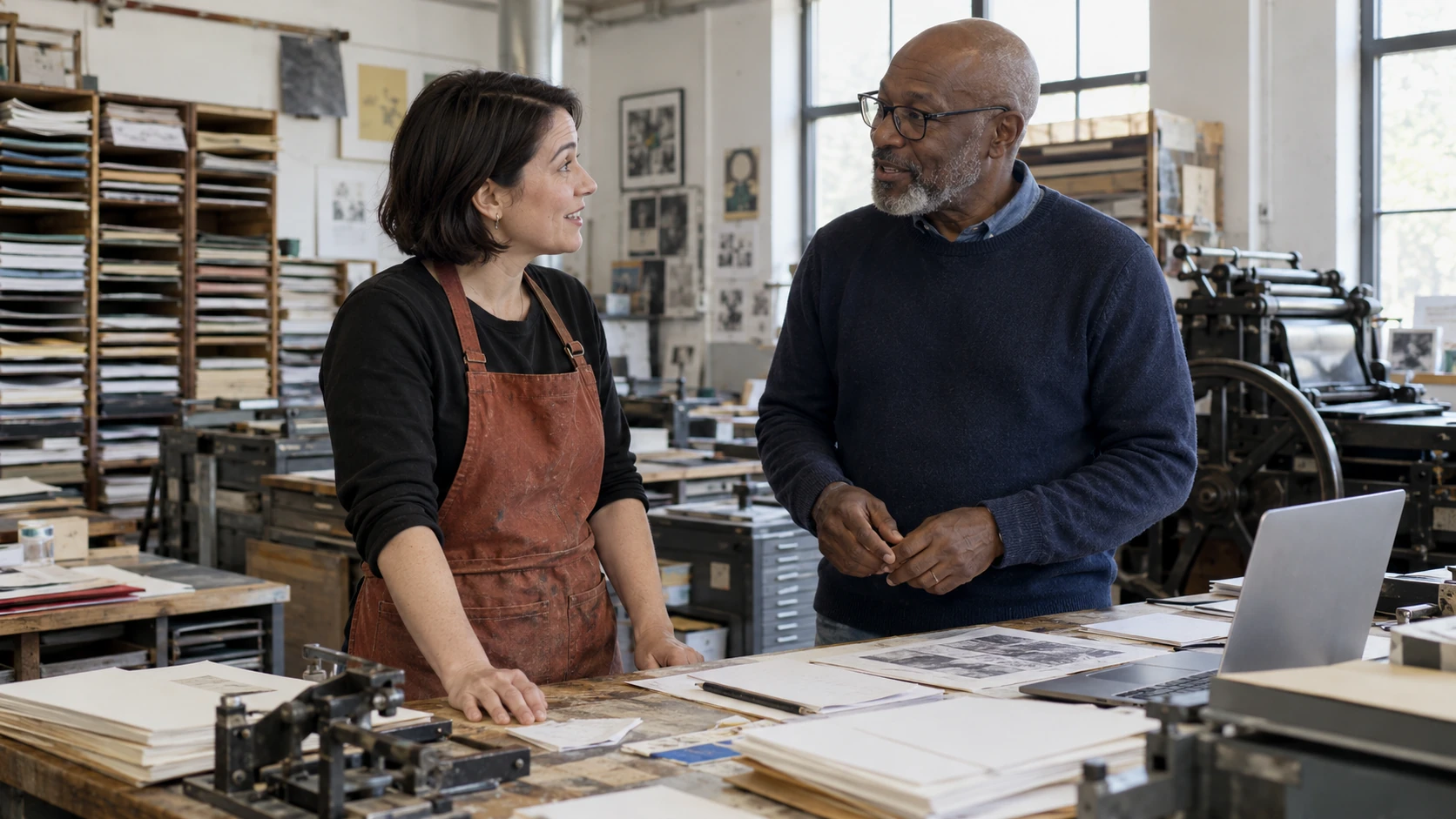 A print shop owner and graphic designer discussing their work