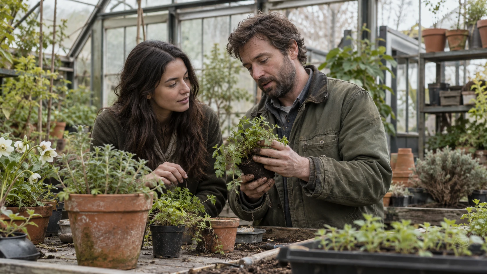 A landscape architect and horticulturist collaborating in a greenhouse