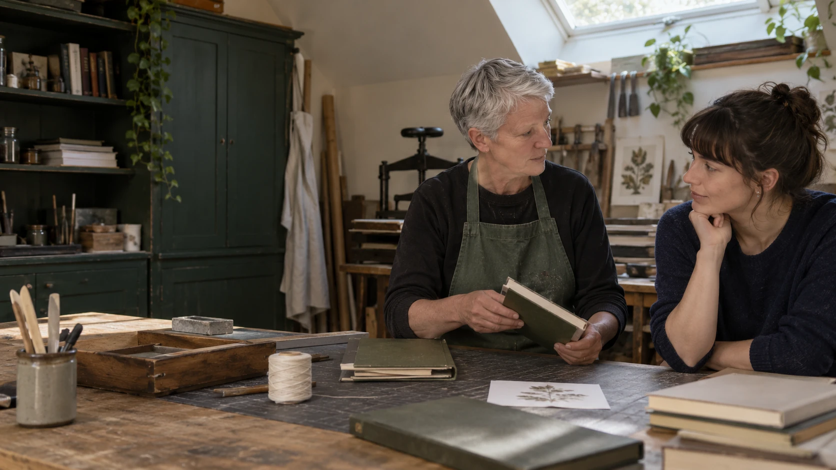 A bookbinder and illustrator discussing their work