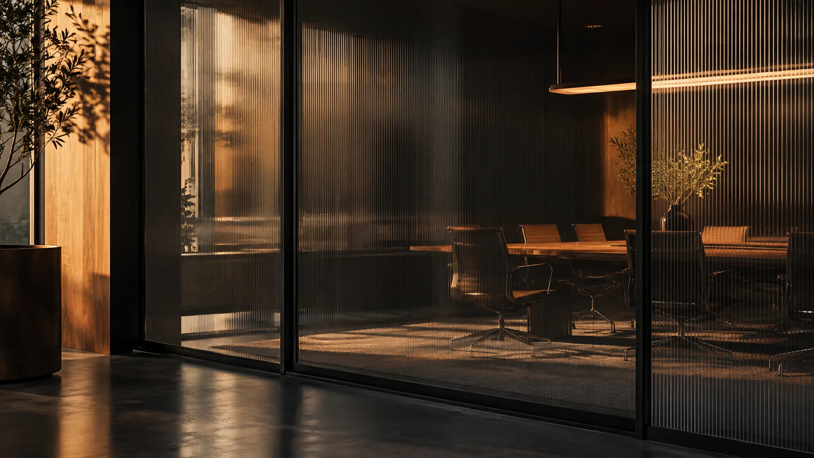 Sunlight through ribbed glass in a private meeting room