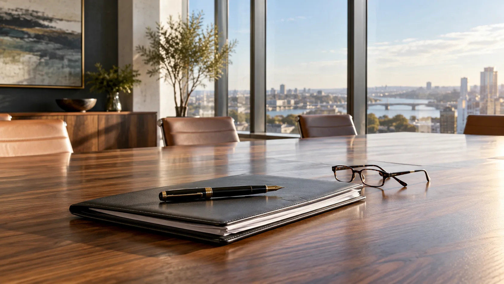 A contract folder, pen and reading glasses on a walnut meeting table